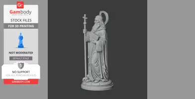 A detailed 3D model of Saint Anthony the Hermit holding a staff and book, standing on a decorated base.