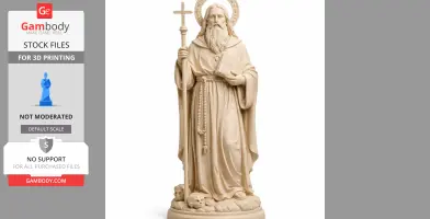 Statue of Saint Anthony holding a cross and book, with beads, halo, and skulls at his feet.