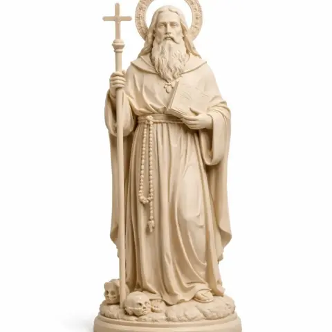 A detailed statue of a bearded man holding a cross and book, standing on a base with skulls.