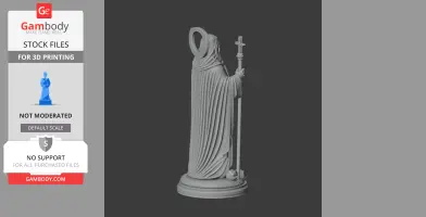 Statue of Saint Anthony the Hermit holding a staff, draped in robes, with a halo.