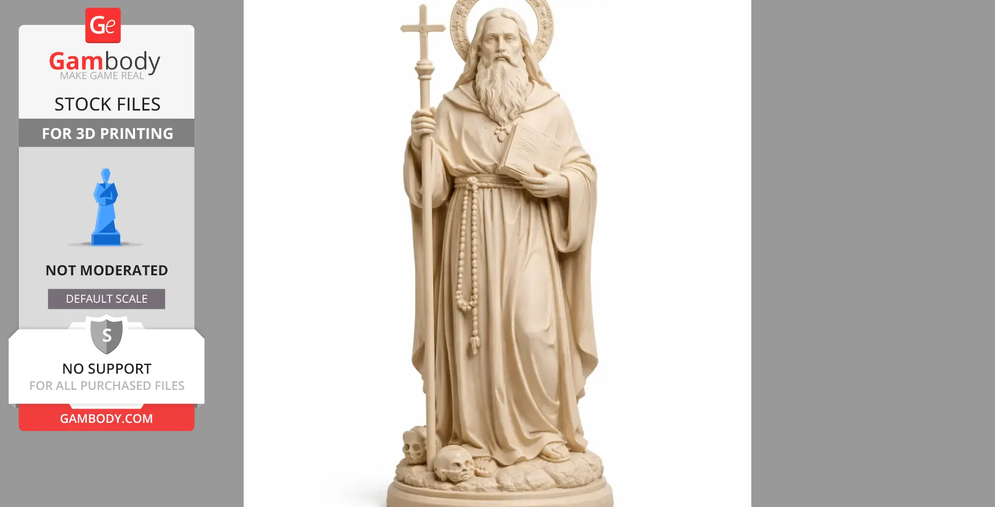 Statue of Saint Anthony holding a cross and book, with beads, halo, and skulls at his feet.