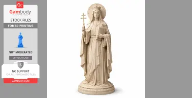 A 3D printed statue of Saint Anthusa holding a cross and book, with a halo and detailed robes.