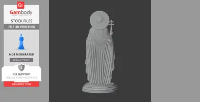 A 3D printable statue of a robed figure with a halo and a cross, standing on a round base.