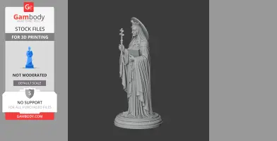 A detailed 3D statue of a robed figure holding a cross staff and book, standing on a round base.