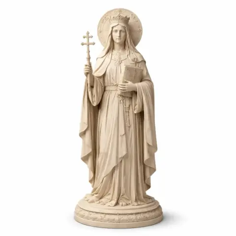 A saintly woman statue holds a cross and book, adorned in robes and a crown, standing on a round base.
