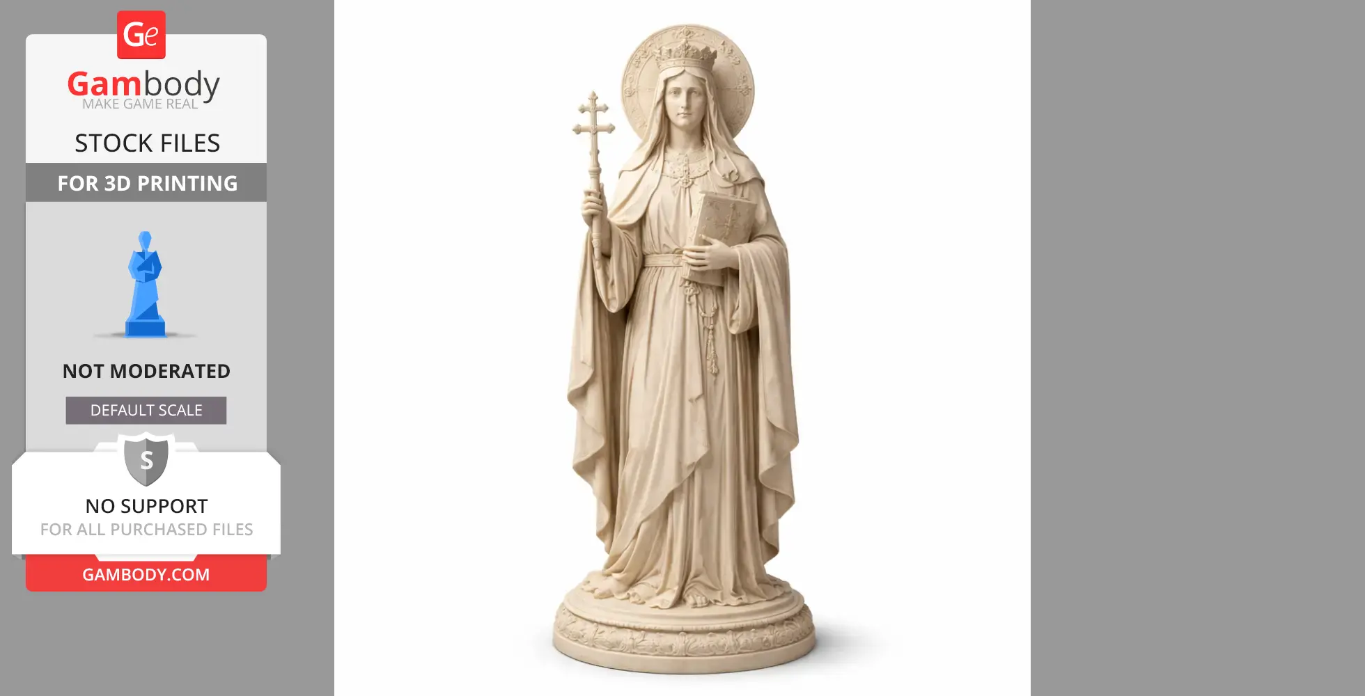 A 3D printed statue of Saint Anthusa holding a cross and book, with a halo and detailed robes.