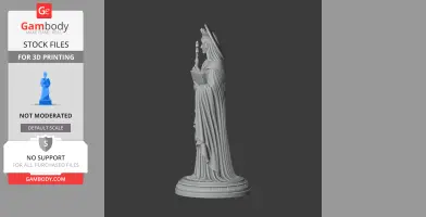 A 3D model of Saint Anthusa, robed, holding a staff and book, with a halo-like crown, on a decorative base.