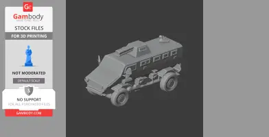 A 3D model of an armored multipurpose vehicle with detailed wheels and turret, for 3D printing.