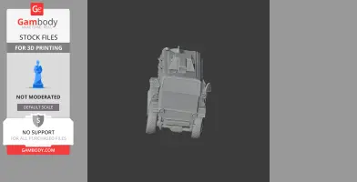 3D model of a military vehicle, resembling a tank with armor and large wheels, shown from the front.
