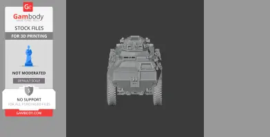 Front view of a detailed tank model for 3D printing, featuring rugged tires and a turret.
