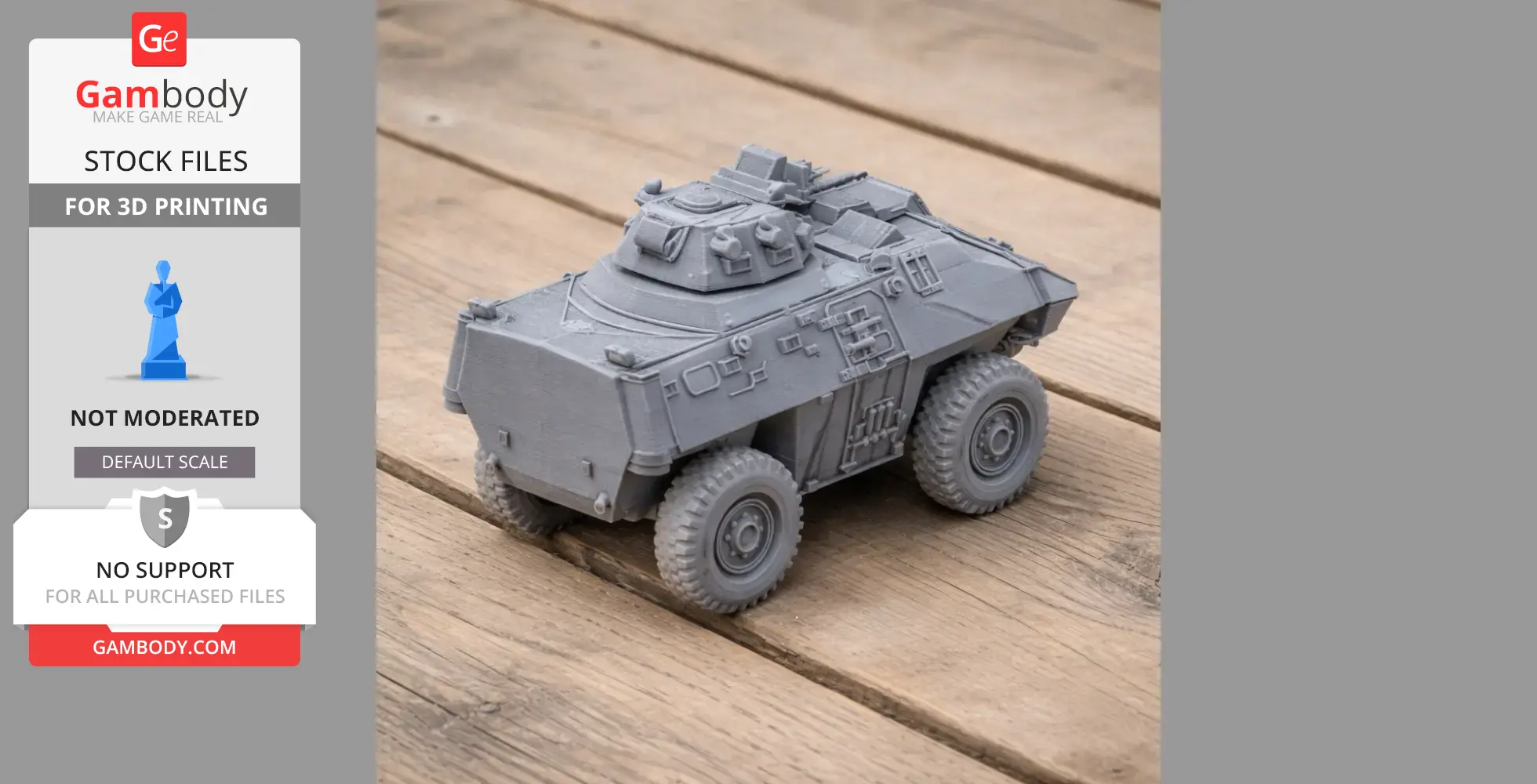 Detailed 3D-printed model of a GKN Simba armored vehicle on a wooden surface.