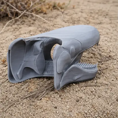 3D-printed Tapinocephalus skull replica displayed on sandy ground.