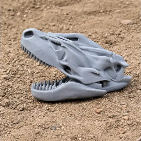 3D-printed Tarbosaurus skull replica with open jaws, displayed on a textured surface.