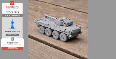 3D printed LAV-300 tank model with eight wheels on a wooden surface.