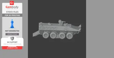 3D model of an armored vehicle with six wheels and a turret for 3D printing.