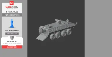 3D model of an armored vehicle with turret, six wheels, and rear ramp for 3D printing.