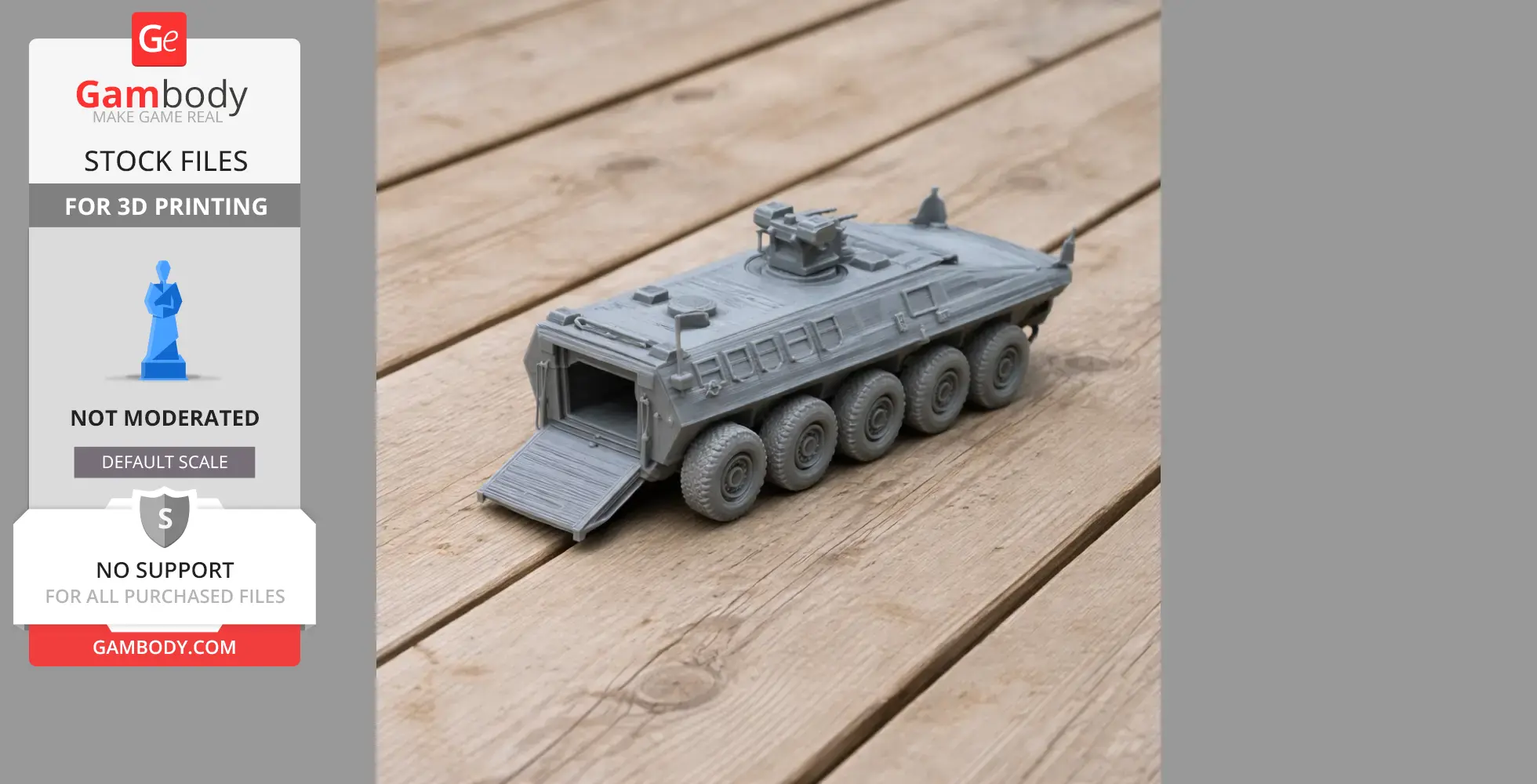 A 3D-printed model of an eight-wheeled Lazar armored vehicle with a rear ramp, displayed on wooden boards.