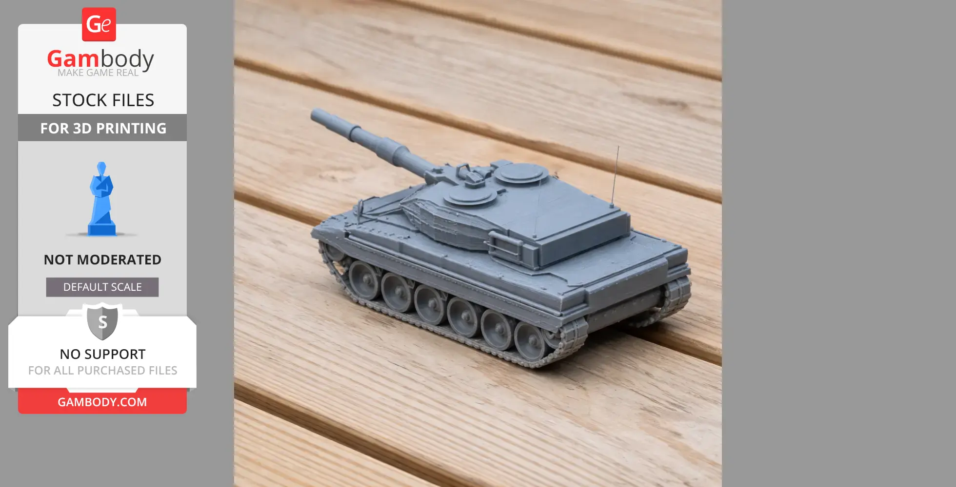 Gray 3D-printed model of a Leopard 2 Revolution tank on a wooden surface.