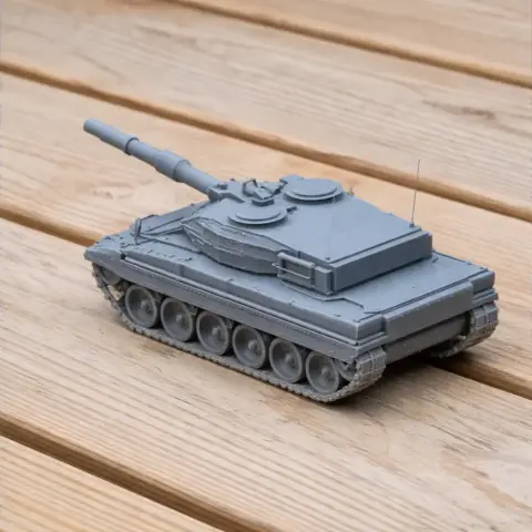 A detailed 3D printed model of a Leopard 2 Revolution tank on a wooden surface.