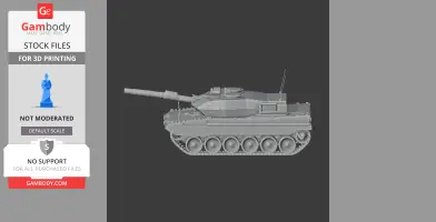 3D model of a Leopard 2 Revolution tank, side view, with detailed tracks and turret for 3D printing.