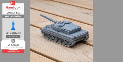 Gray 3D-printed model of a Leopard 2 Revolution tank on a wooden surface.