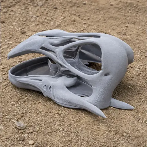 A detailed 3D-printed Tengrisaurus skull replica in gray, resting on a sandy surface.