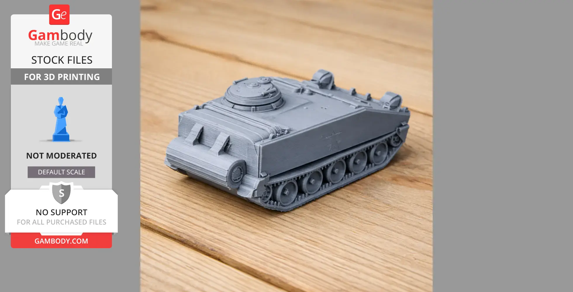 3D printed M114 armored fighting vehicle model on a wooden surface.