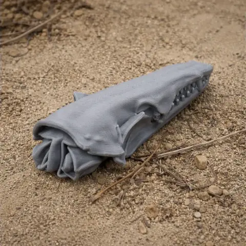 A 3D-printed tenrec skull replica lies on a sandy surface.