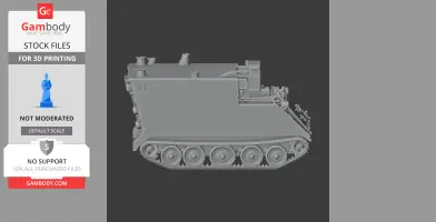 3D model of an M577A4 armored treatment vehicle, showing side view with tracks and boxy structure.