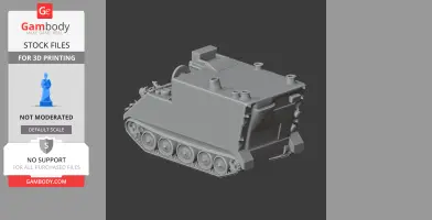 Gray 3D model of an armored military vehicle with treads and a rectangular body, designed for 3D printing.