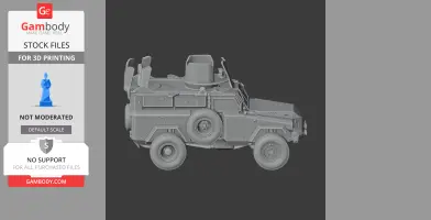 3D model of an armored personnel carrier with turret and rugged wheels, ready for 3D printing.