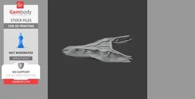 3D model of a Theiophytalia dinosaur skull on a dark background, designed for 3D printing.