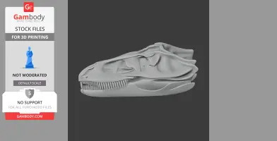 3D model of a Theiophytalia dinosaur skull, side view, with detailed teeth and bone structure.