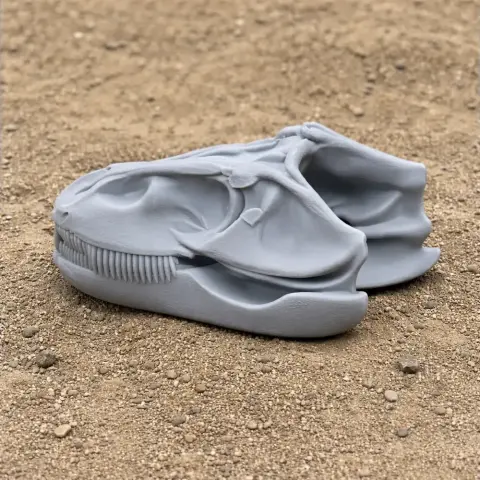 3D-printed gray Theiophytalia dinosaur skull model resting on a textured earth surface.