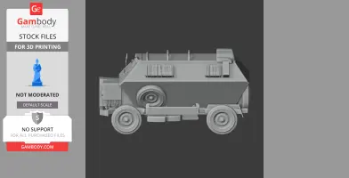 Gray, angular armored personnel carrier model with detailed wheels and roof features for 3D printing.