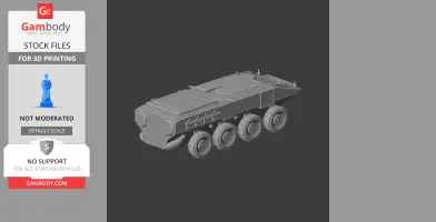 Gray 3D model of an armored personnel carrier with six wheels, designed for 3D printing.