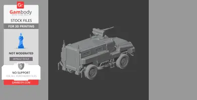 3D model of a mine-protected vehicle with turret, shown for 3D printing purposes.