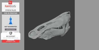 A gray 3D model of a therapsida skull, featuring elongated openings and sharp teeth, ready for 3D printing.