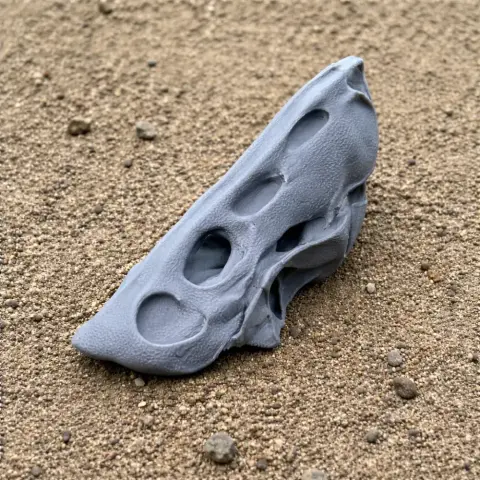 A 3D-printed model of a Therapsida skull replica, featuring distinct openings, placed on sandy ground.
