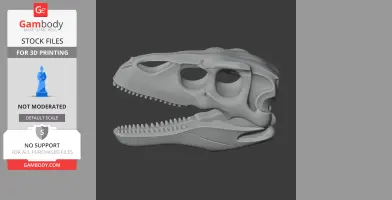 3D model of a Therizinosaurus skull replica for 3D printing, showing detailed teeth and eye sockets.