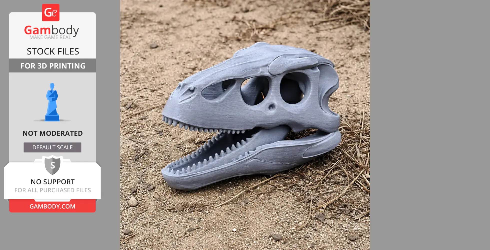 A 3D-printed Therizinosaurus skull replica lying on sandy ground.