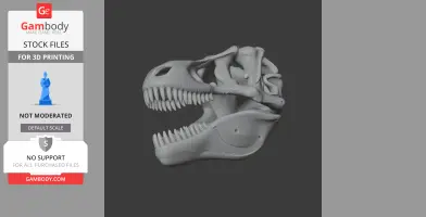 Gray 3D model of a theropod dinosaur skull with open jaws, designed for 3D printing.