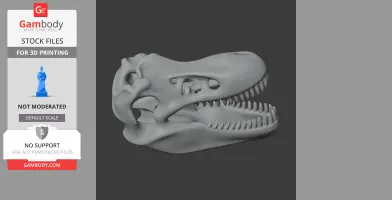 3D model of a theropod dinosaur skull replica with detailed teeth and bone structure.