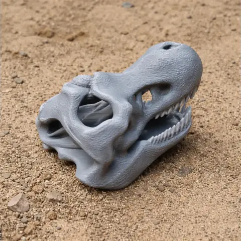 Gray 3D-printed theropod dinosaur skull replica, detailed and resting on a sandy surface.