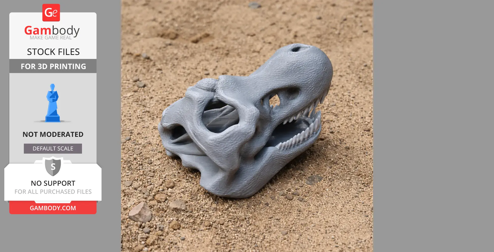 A gray 3D-printed theropod dinosaur skull replica resting on sand.