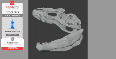 Theropod dinosaur skull 3D model for printing, showing detailed jaw and skull structure.