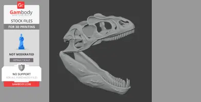Realistic 3D-printed theropod dinosaur skull with open jaws, highlighting detailed teeth and bone structure.