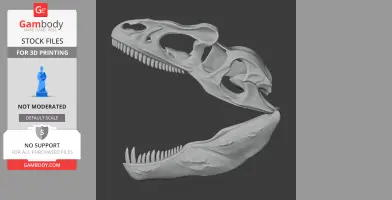 3D model of a theropod dinosaur skull with open jaws, showing detailed bone structure and teeth.