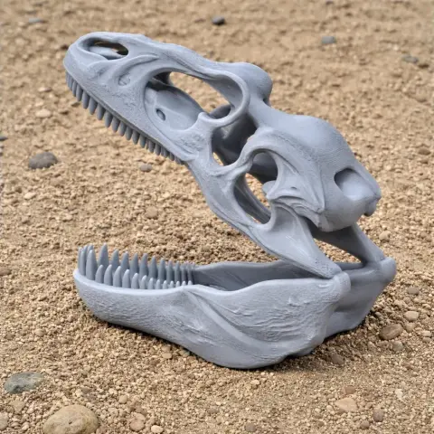 3D printed gray theropod dinosaur skull replica on a sandy surface.