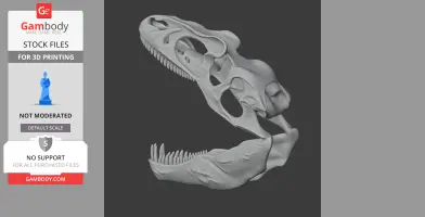 A detailed 3D model of a theropod dinosaur skull with open jaws, prepared for 3D printing.